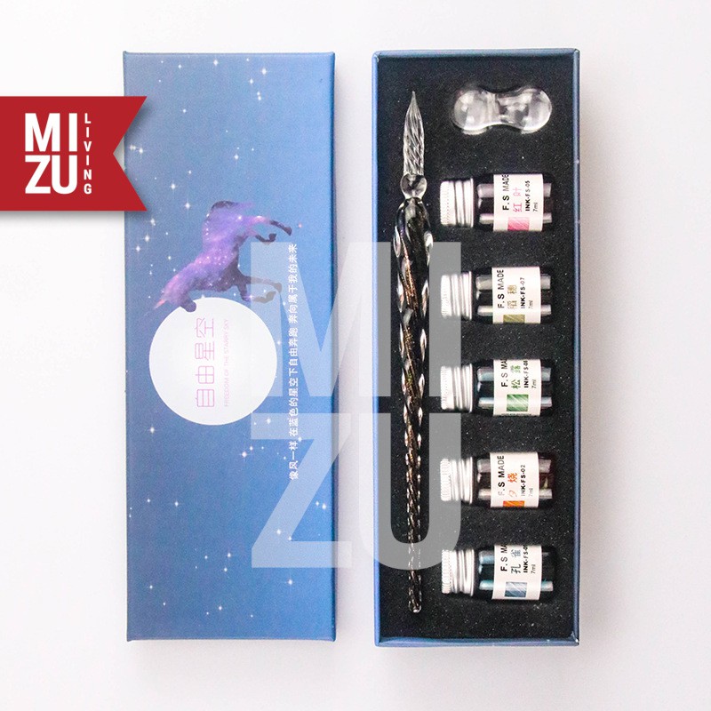 

MIZU PENNA VETRO VI GLASS Dip Pen Kaca Calligraphy Set 5 Gold Glitter INK Tinta Pen Pillow CV4