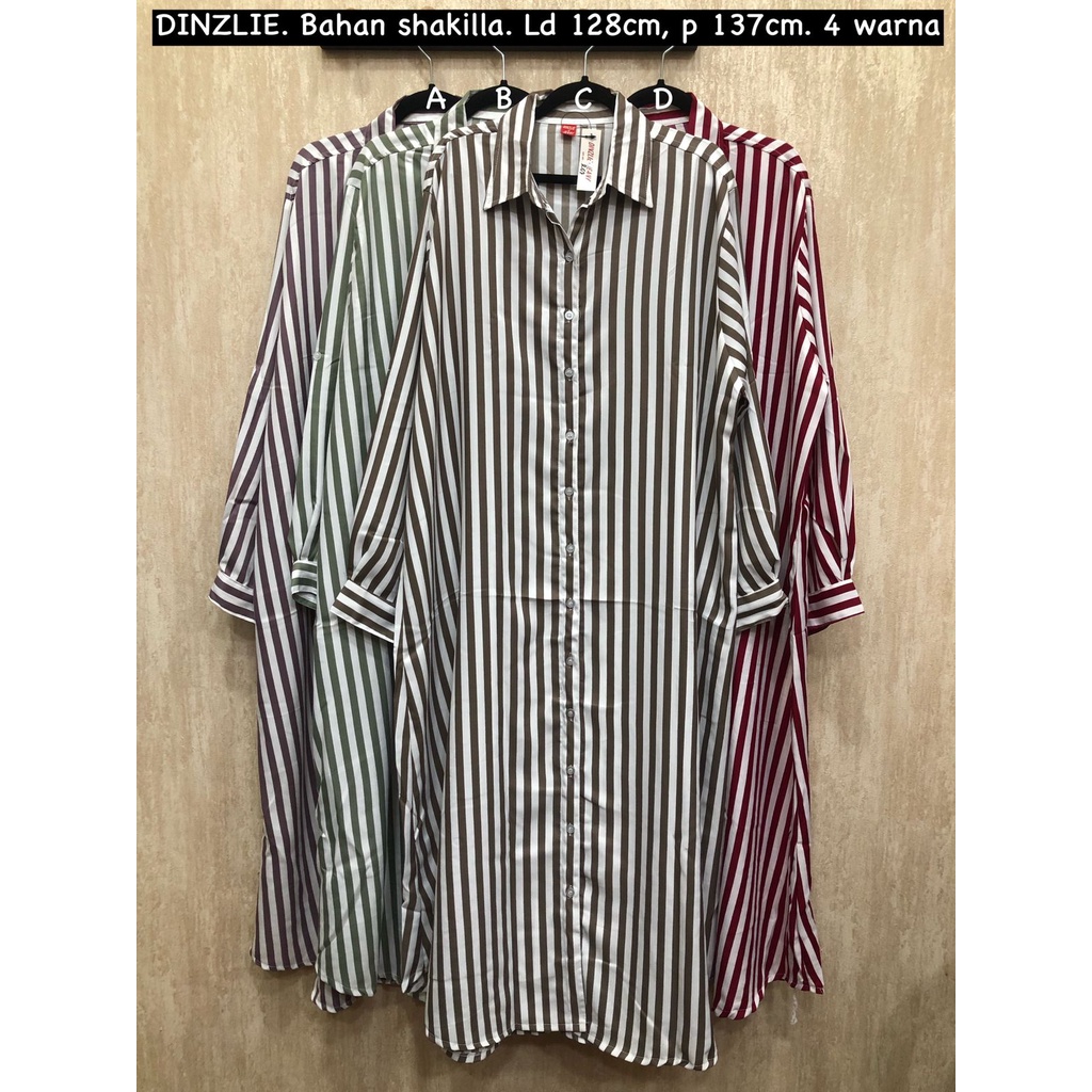 DINZLIESHOP LONG TUNIK TUNIC DRESS GAMIS BAHAN SHAKILLA MOTIF SALUR GARIS LENGAN PANJANG BIGSIZE JUM