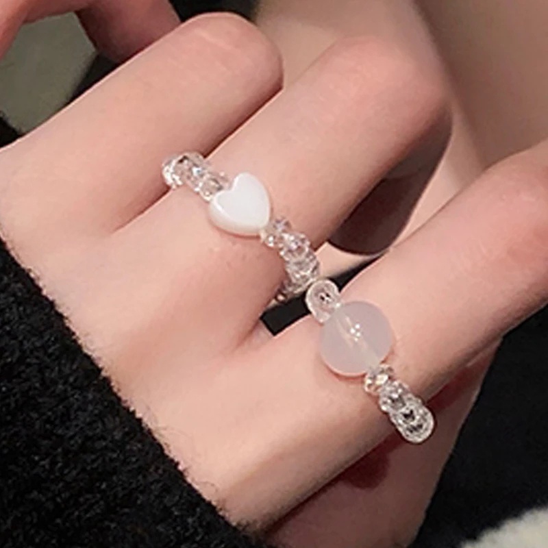 Cincin Manik-Manik Kristal Opal Bentuk Hati Transparan Dapat Disesuaikan Gaya Korea Bohemia Untuk Wanita