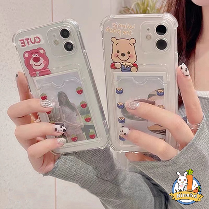 Lovely Pink Bear Card Holder Clear Phone Case for iPhone 13 12 11 Pro Max XR XS Max iPhone 7 Plus 8 Plus SE 2020 Anti-fall Wallet Card Protective Shockproof Soft TPU Back Cover