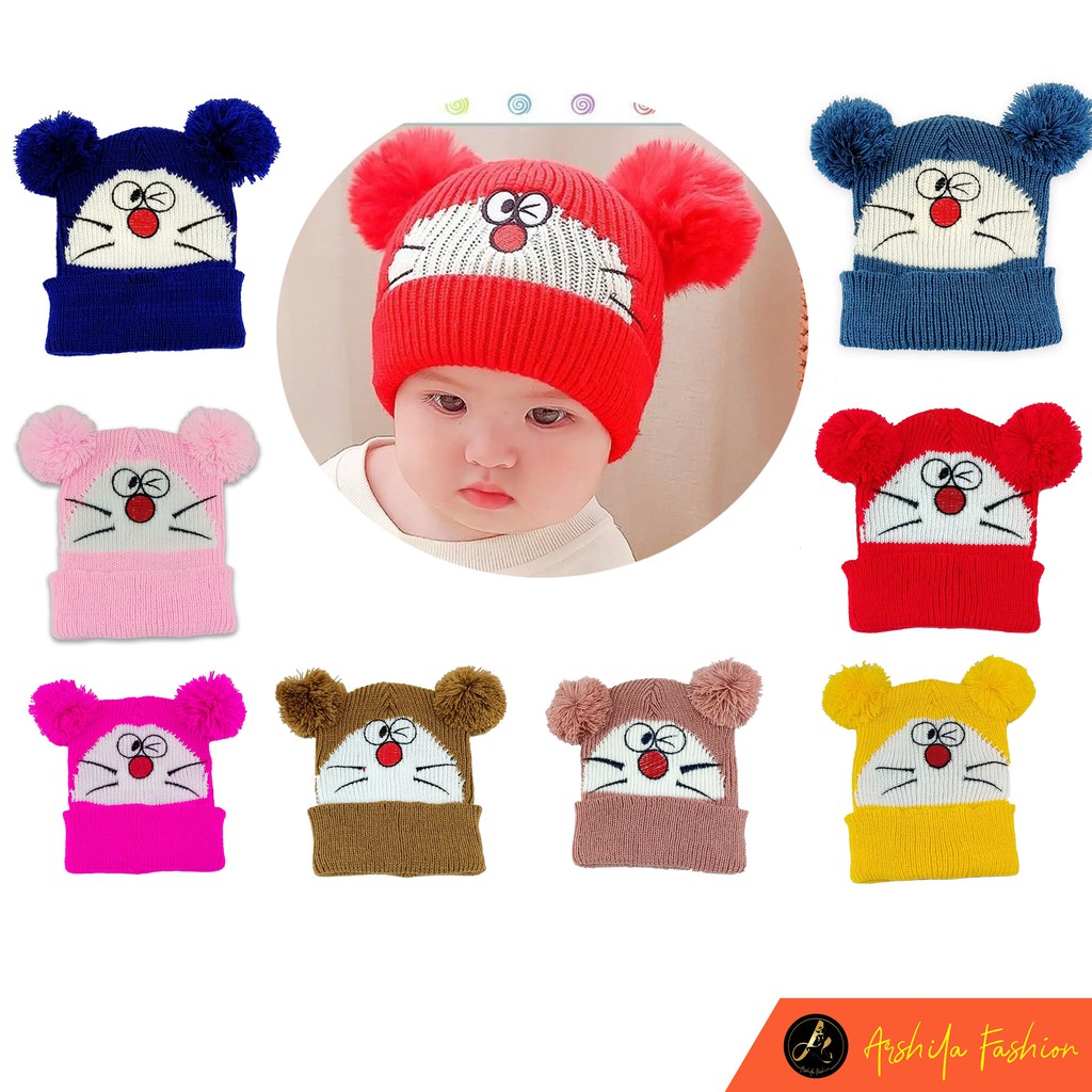 KUPLUK BAYI ANAK UMUR 0 - 3 TAHUN MODEL POMPOM KARAKTER DORAEMON / KUPLUK DORAEMON