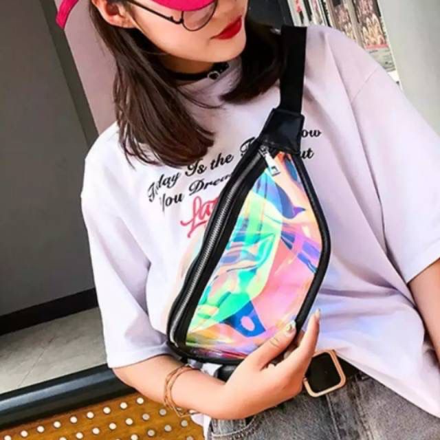 Promo Shopee 4.4 DF501 Bisa COD Waistbag HOLOGRAM CHUNG-CHAT Transparan Laser 3D kilau Tas Pinggang Hologram Murah