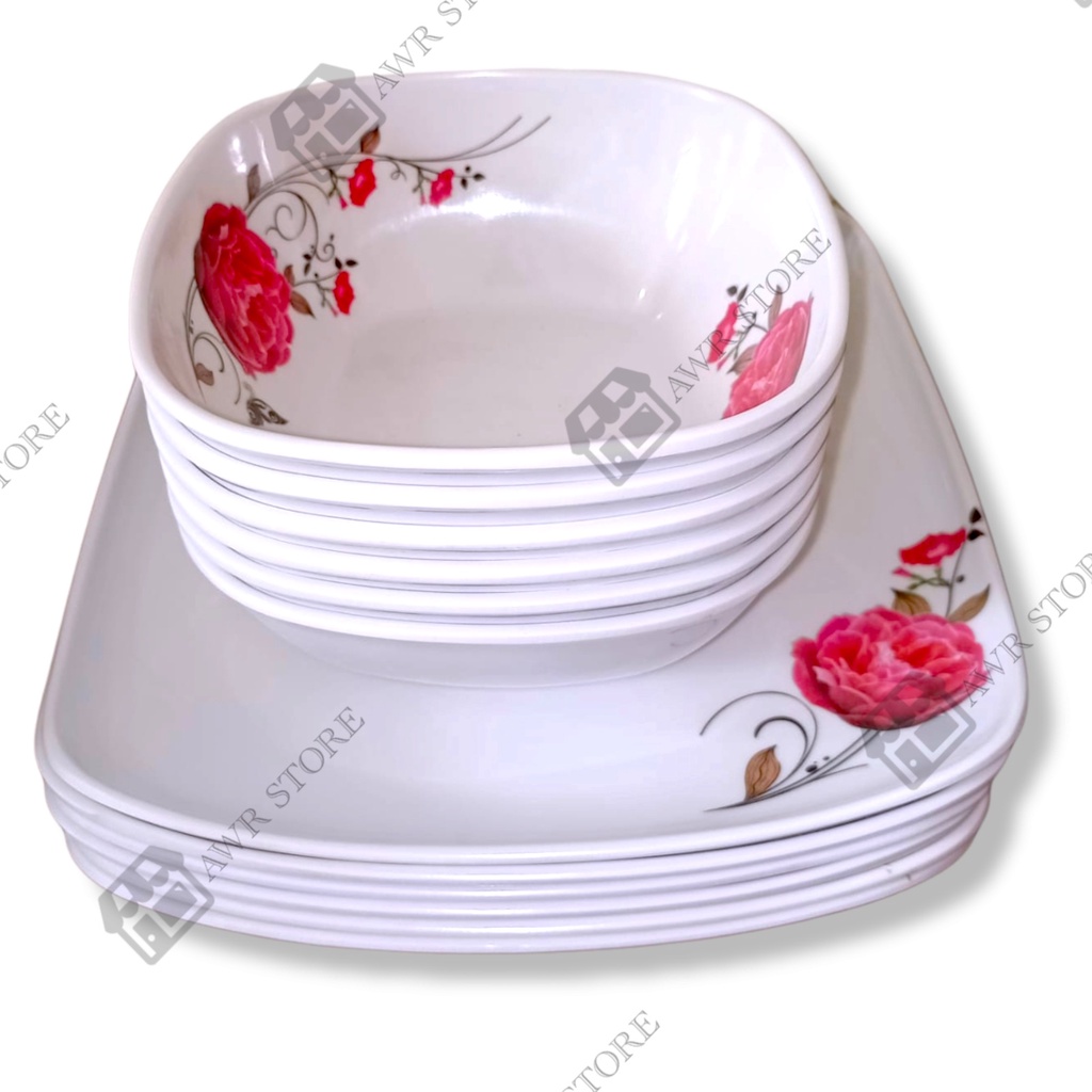 1 SET ISI (6PCS) PERALATAN MAKAN ISI 3PIRING PERSEGI 3MANGKUK MELAMIN ASLI SINGA SINGI TEBAL TAHAN LAMA DIAMETER PIRING 23CM UKURAN MANGKUK M - PIRING SAJI SEBAGUNA - PIRING HIAS-KEMBANG MAWAR