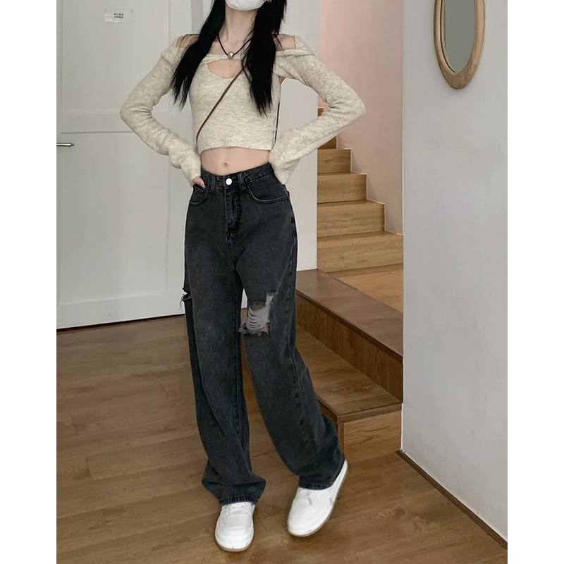 New high waist longgar kekinian korean style robek celana jeans panjang wanita