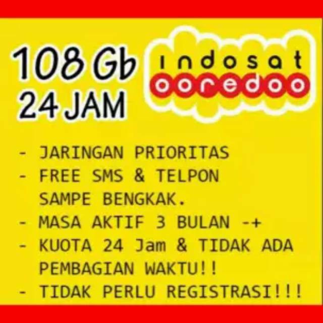 UNLIMITED 108 GB (3 BULAN) FULL 24 JAM INDOSAT IM3 KARTU PERDANA 36GB/BULAN