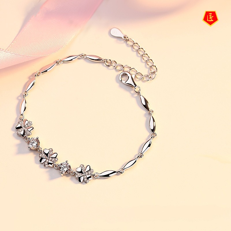 [Ready Stock]925 Silver Fashion Four-Leaf Clover Diamond Bracelet