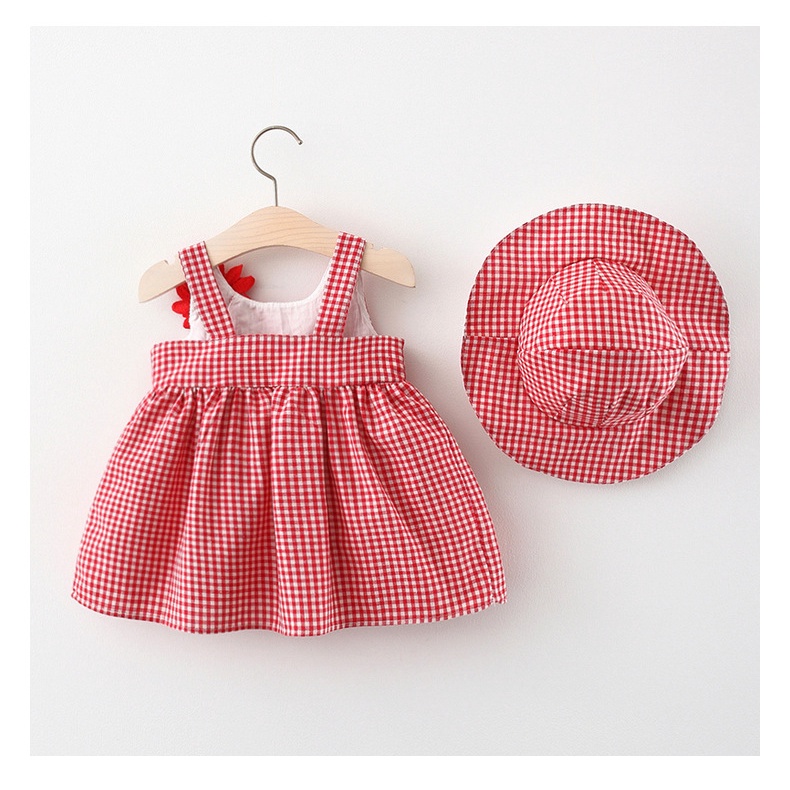 NEW Set Dress dan topi bayi anak perempuan /baju dress perempuan motif kotak kotak dengan dua bunga