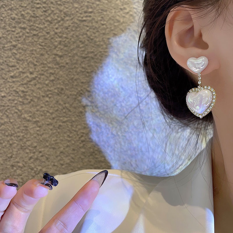 Anting Tusuk Bentuk Hati Aksen Mutiara Bahan 925 silver