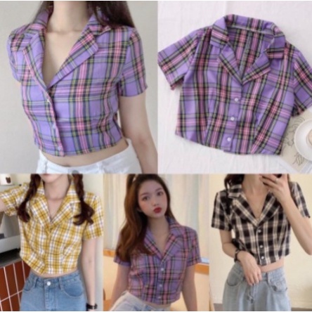 KEMEJA YUNERO KOTAK - KEMEJA CROP KOTAK KOTAK WANITA MURAH