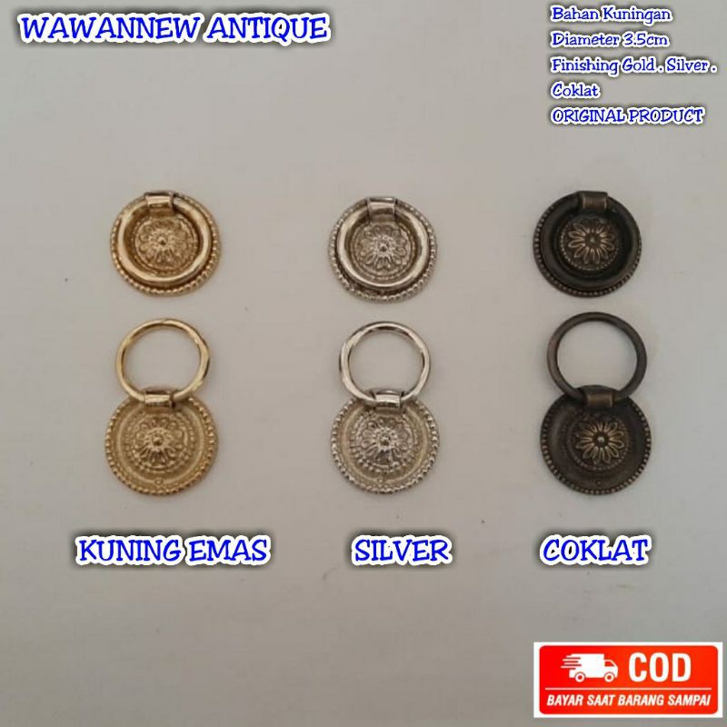 TERLARIS Handle / Tarikan Laci Lemari Jendela Pintu Rumah Kuningan Antik Motif Merry 3.5cm