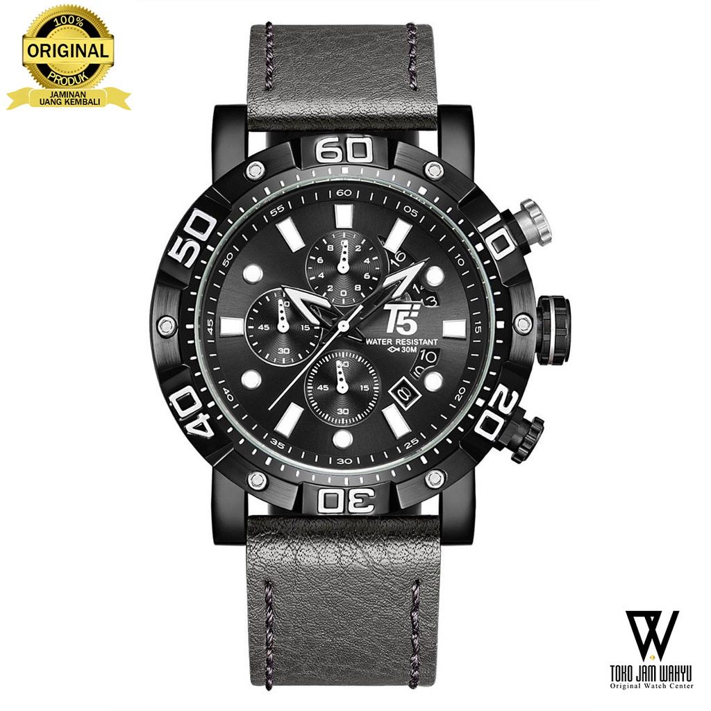 T5 H3855G-C Jam Tangan Pria - Black - Grey Leather Strap