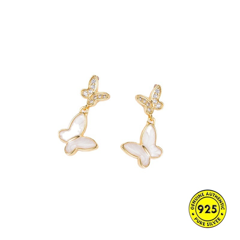 Anting Tusuk Sterling Silver 925 Desain Kupu-Kupu Hias Berlian Imitasi Untuk Wanita Butterfly