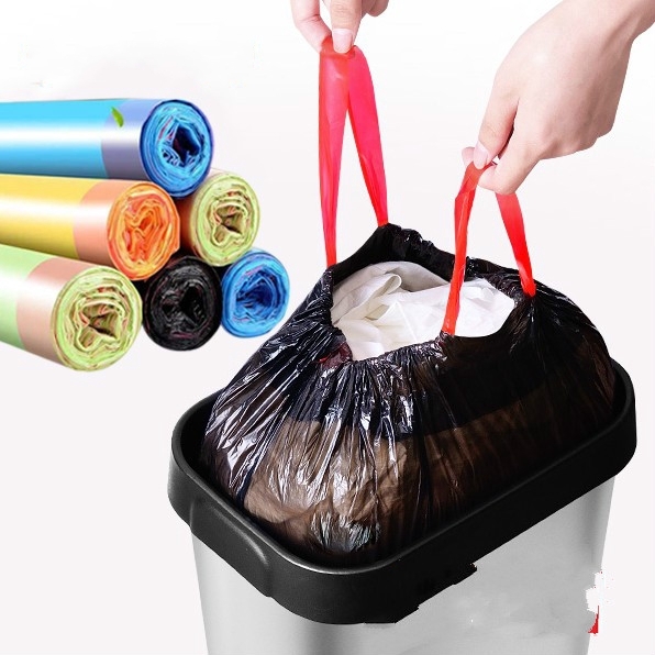 15Pcs/Roll Portable Drawstring Trash Bags / Household Disposable Plastic Garbage Bag / Drawstring Handles Rubbish Bag