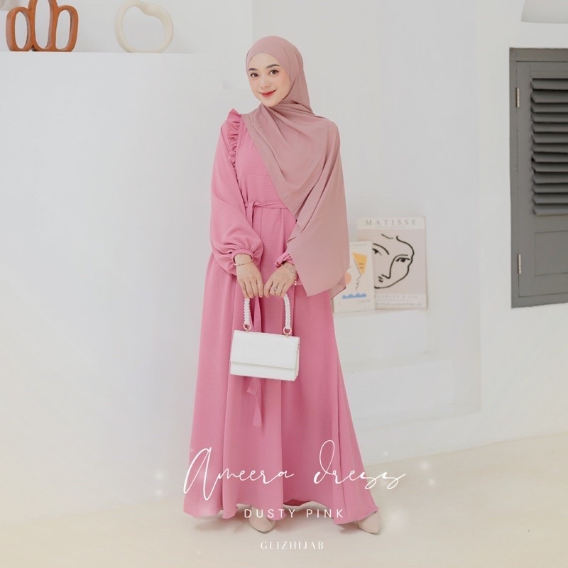 GlizHijab | Ameena Dress | Gamis Remaja Muslimah Terbaru Fashion Wanita Gamis Cringkle Ukuran XS - JUMBO-Dusty Pink