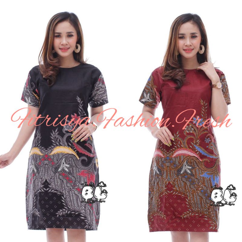 TUNIK DRESS BATIK WANITA JUMBO XXXXL / 4L LENGAN PENDEK MOTIF MAHKOTA MERAH DAN HITAM KOMBINASI