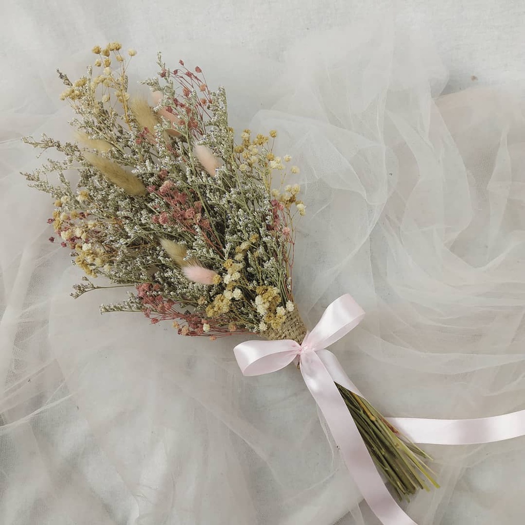 Rustic Buket Bunga Babybreath Caspea Bunnytail Wedding Bouquet