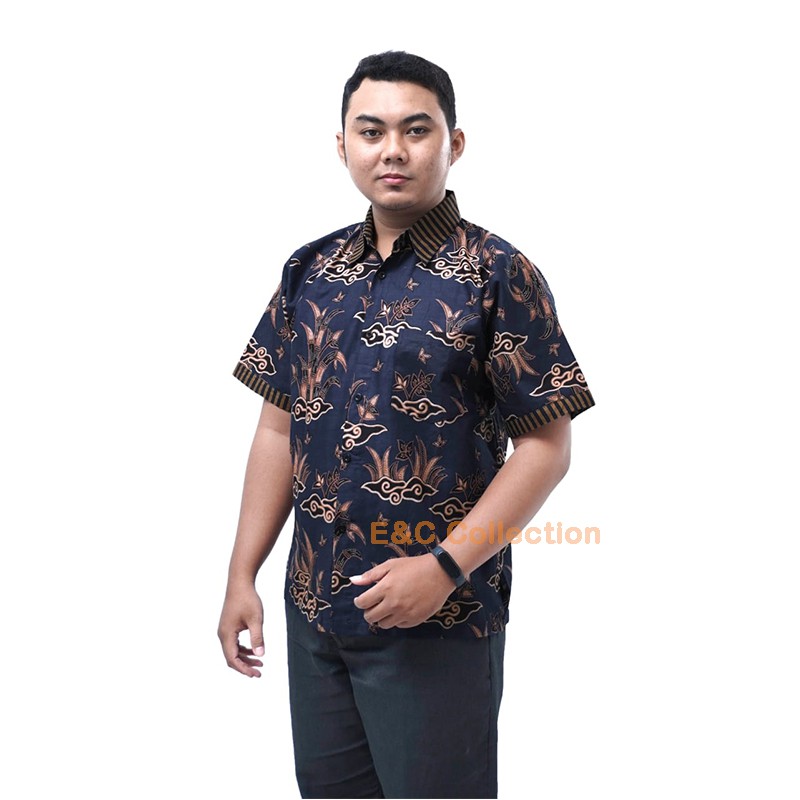 Batik Couple Rumput Mas Navy – Blouse Batik Wanita – Hem / Kemeja Batik Pria - S-M-L-XL-XXL-3L-4L-5L-3