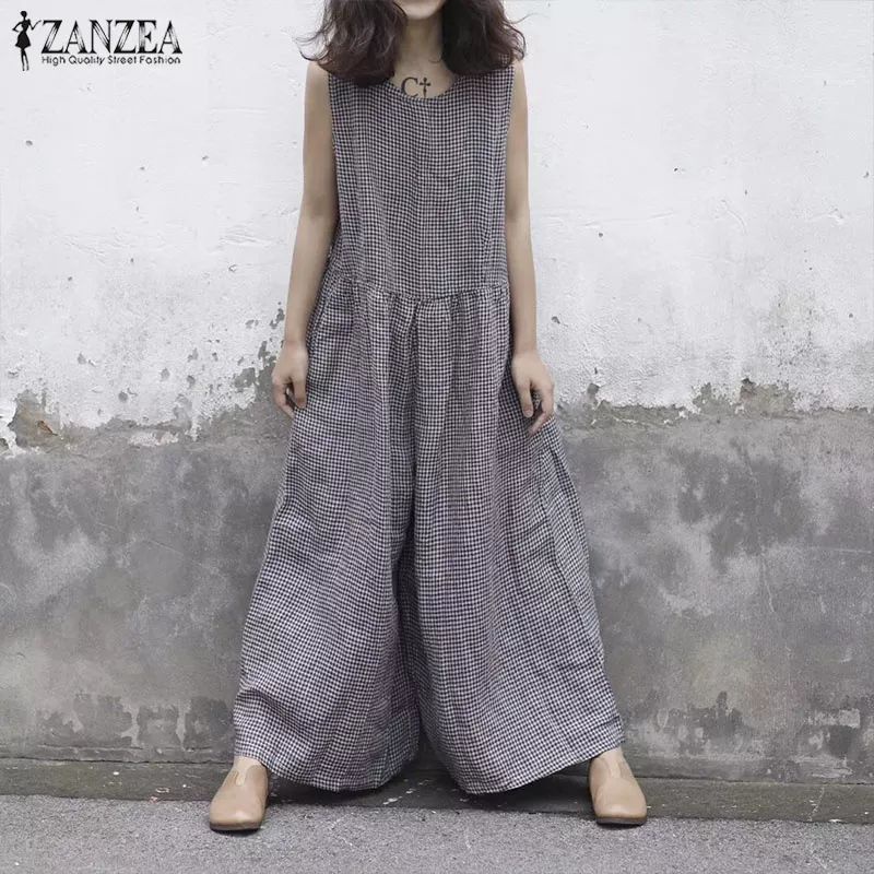 ZANZEA Jumpsuit wanita import kotak-kotak jumbo S-5XL