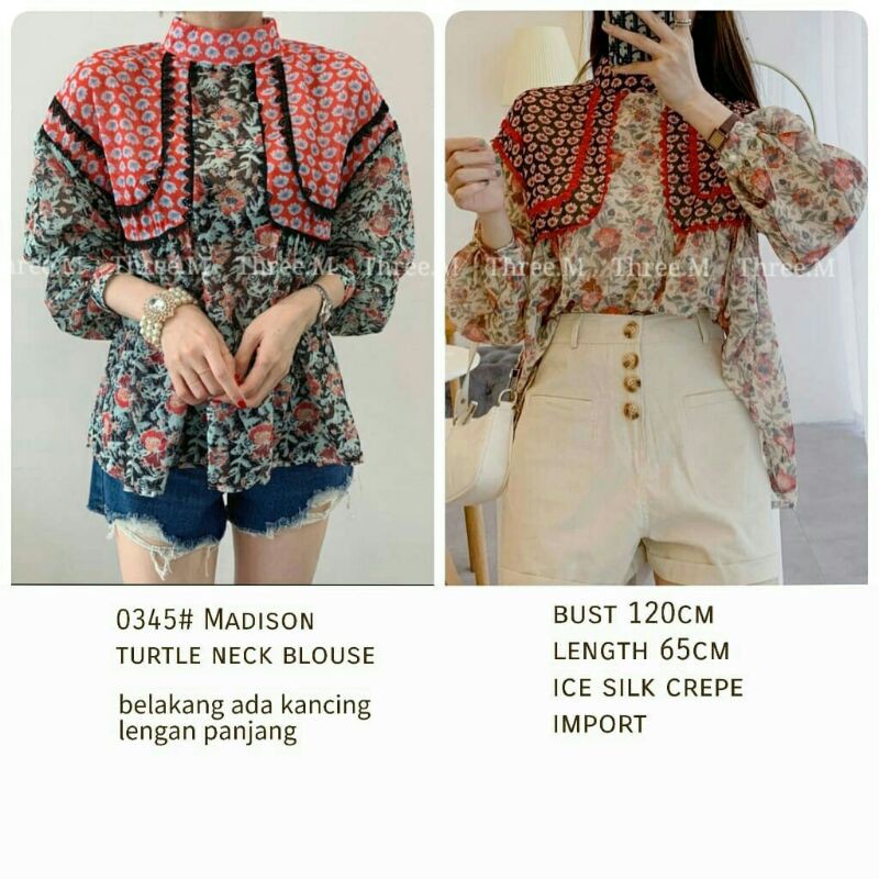 Medison Baju atasan blouse turtle neck wanita import baju atasan blouse motif bunga cewek import