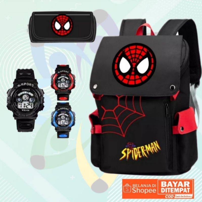 TAS RANGSEL SEKOLAH LAKI LAKI SPIDERMAN TAS BOMBER +JAM DIGITEX