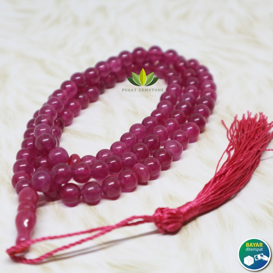 Tasbih batu pink jade kristal tinggi diameter 8 mm isi 99 butir