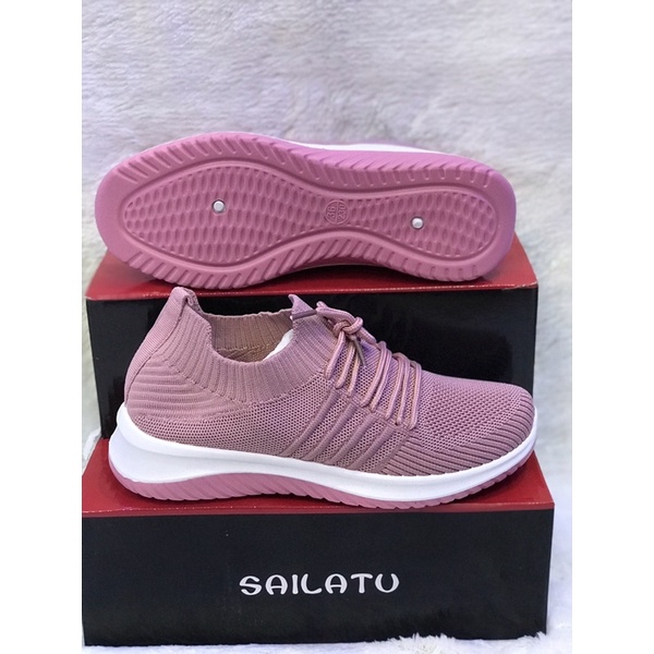 Sepatu sneakers slip on cewek import rajut SAILATU pink sz 36-40