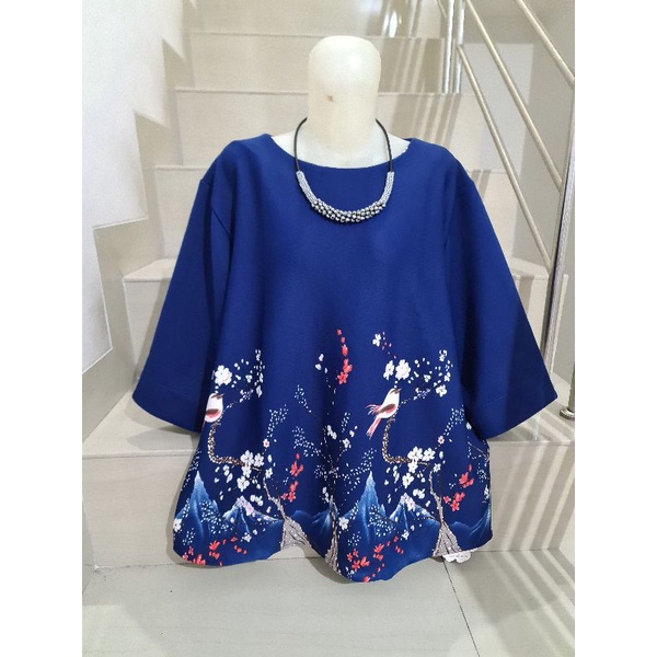 Blouse Scuba Premium Import Jumbo 2XL-3XL-Motif C - Biru
