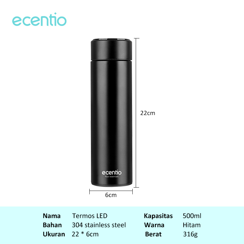 ecentio Termos Air Panas Tumbler Stainless LED Digital Anti Tumpah Termos Vakum Botol Minum Tahan Panas Dan Dingin 500ml