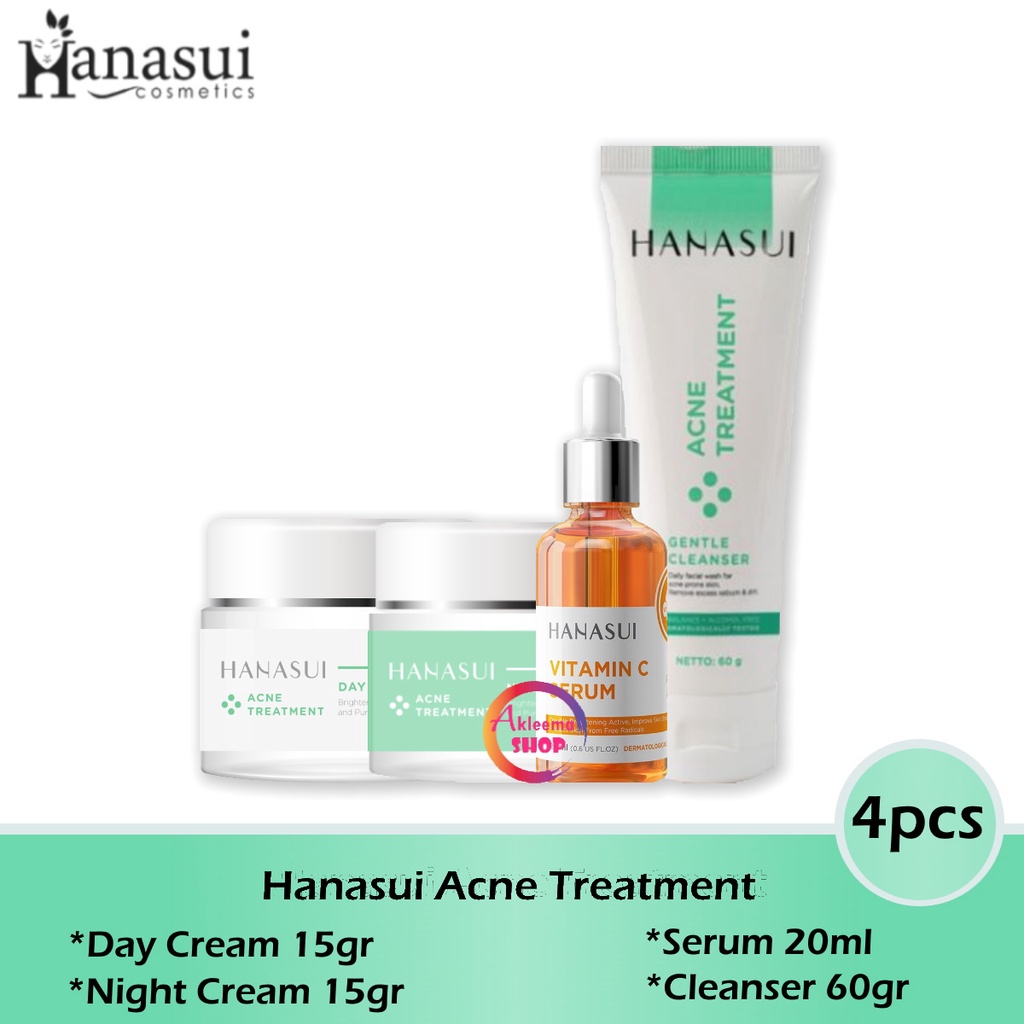 Paket Hanasui Acne Treatment 4pcs (day cream+night cream+serum kuning+cleanser)