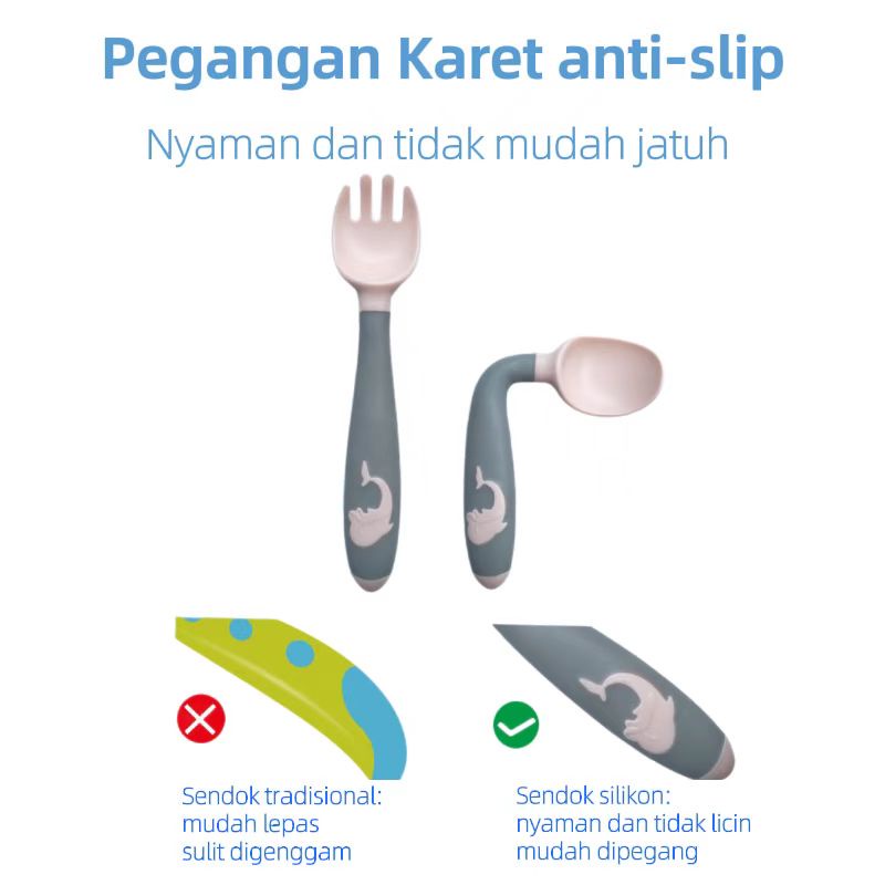 Ditekuk Bayi Anak Makan Sendok Bayi Sendok Garpu Food Grade Silicone Aman dan Tidak Berbahaya