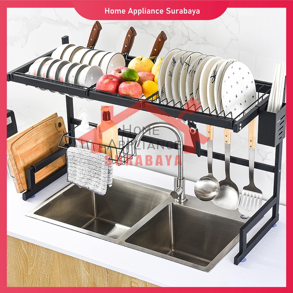 Rak Piring Wastafel Dapur Serbaguna Stainless Hitam Anti Karat 65CM / 85CM