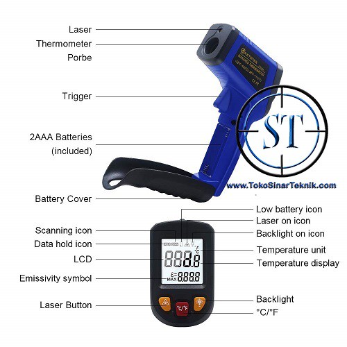 Thermometer Digital Infrared Non Contact Alat Ukur Termometer Tembak Laser Led Temperatur suhu 50℃ - 600℃ Plus Baterai Siap Pakai Akurasi Tinggi