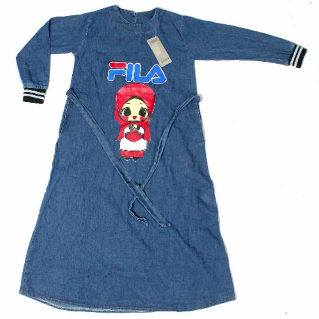 Gamis Jeans Anak, Bahan Jeans, Karet Ujung Lengan, Tali Pinggang, Belakang Polos