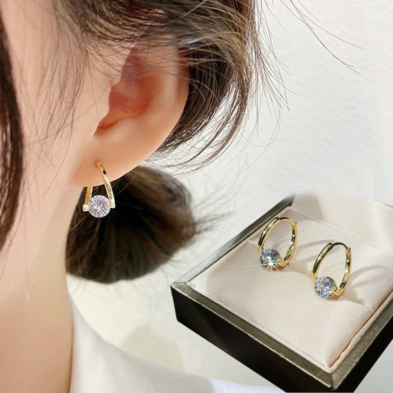 Anting Stud Zircon Kristal Warna Emas Silver Gaya Korea Untuk Wanita