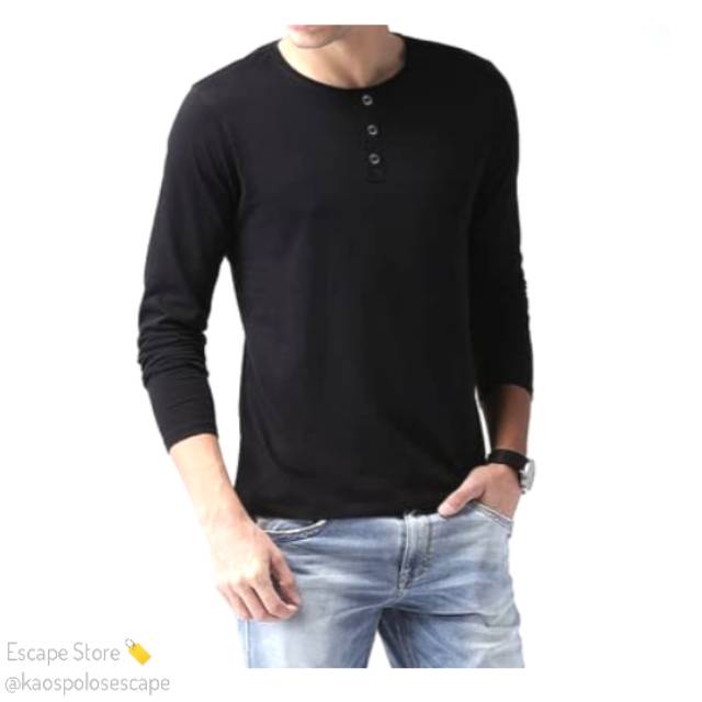 Kaos Henley Kancing LENGAN PANJANG - HITAM