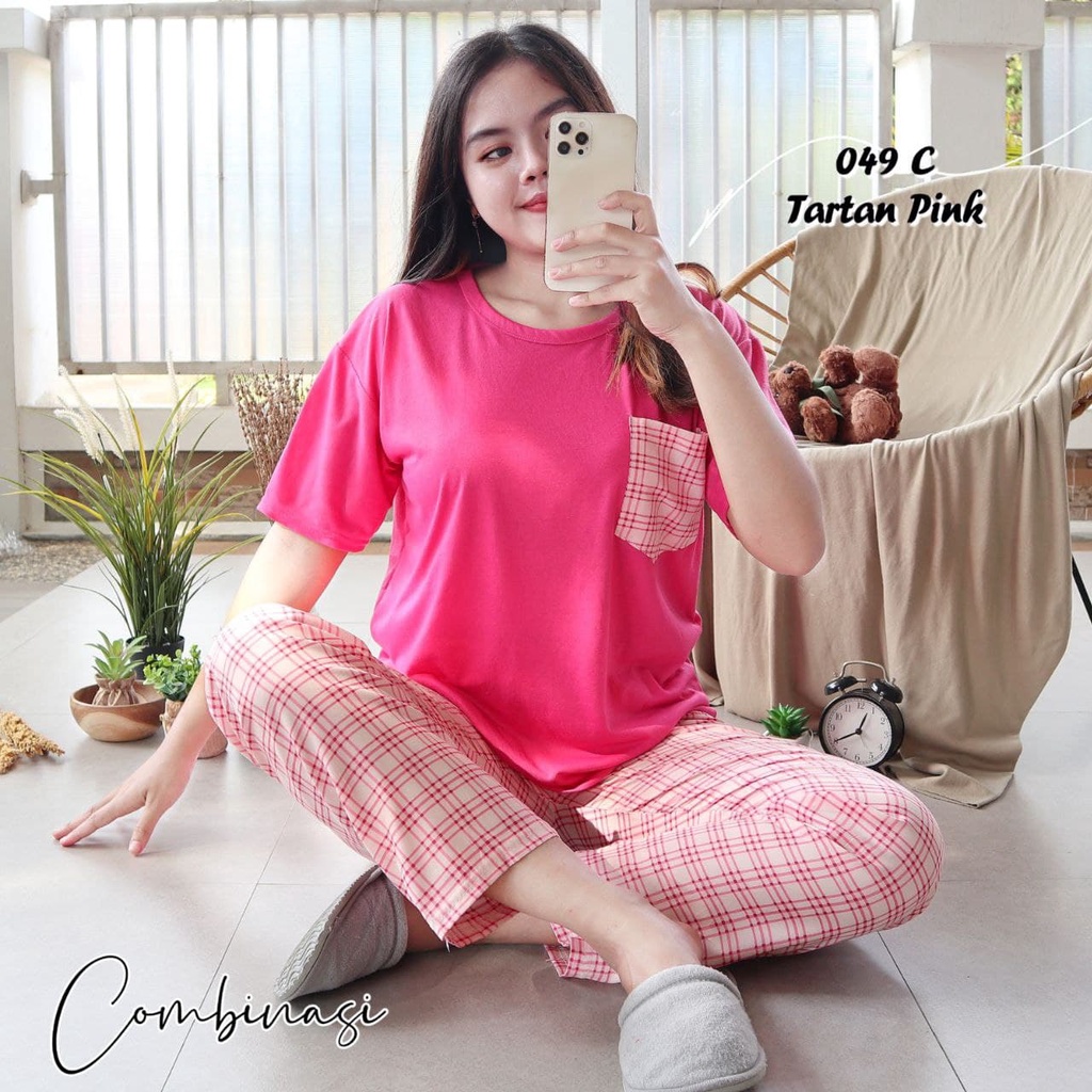 IZANY Piyama Dewasa CP Oblong Kaos Celana Panjang Rayon Fit to XL-049 TARTAN PINK