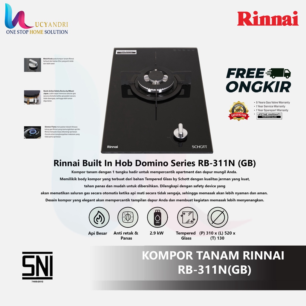 Kompor Rinnai Built In Hob Domino Series RB 311 NGB FREE ONGKIR