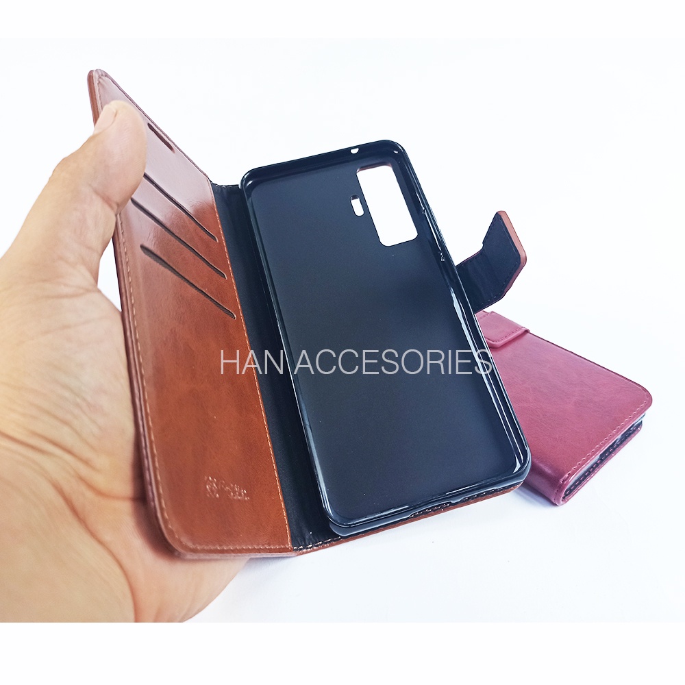 (PAKET HEMAT) Fashion Selular Flip Leather Case VIVO V20/V20 SE/X50/X50 PRO Flip Cover Wallet Case Flip Case + Nero Temperred Glass