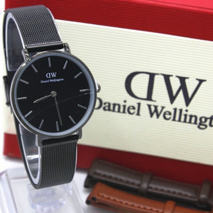 JAM TANGAN DW paket Rantai PASIR BONUS TALI KULIT    DW013   JAM TANGAN MURAH FULL BLACK