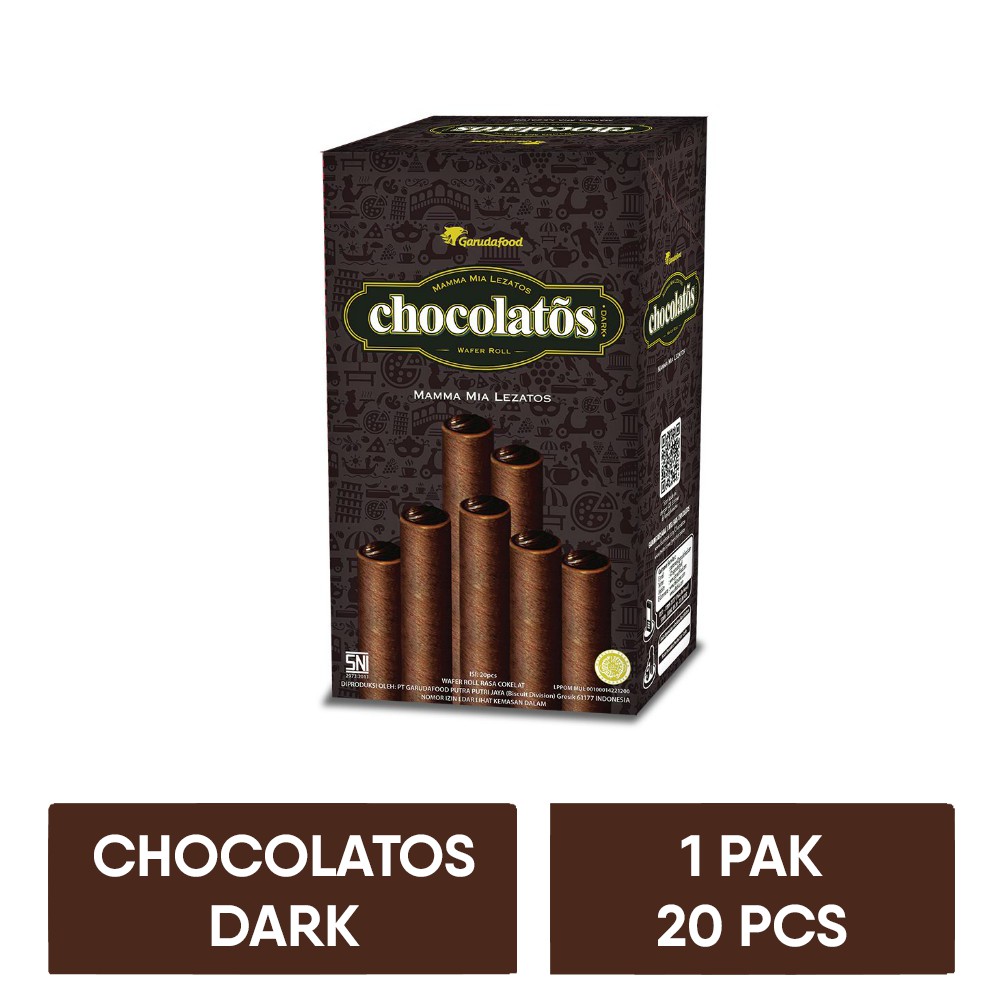 

Chocolatos Wafer Roll Dark Chocolate 1 Pak 20 Pcs Full Coklat
