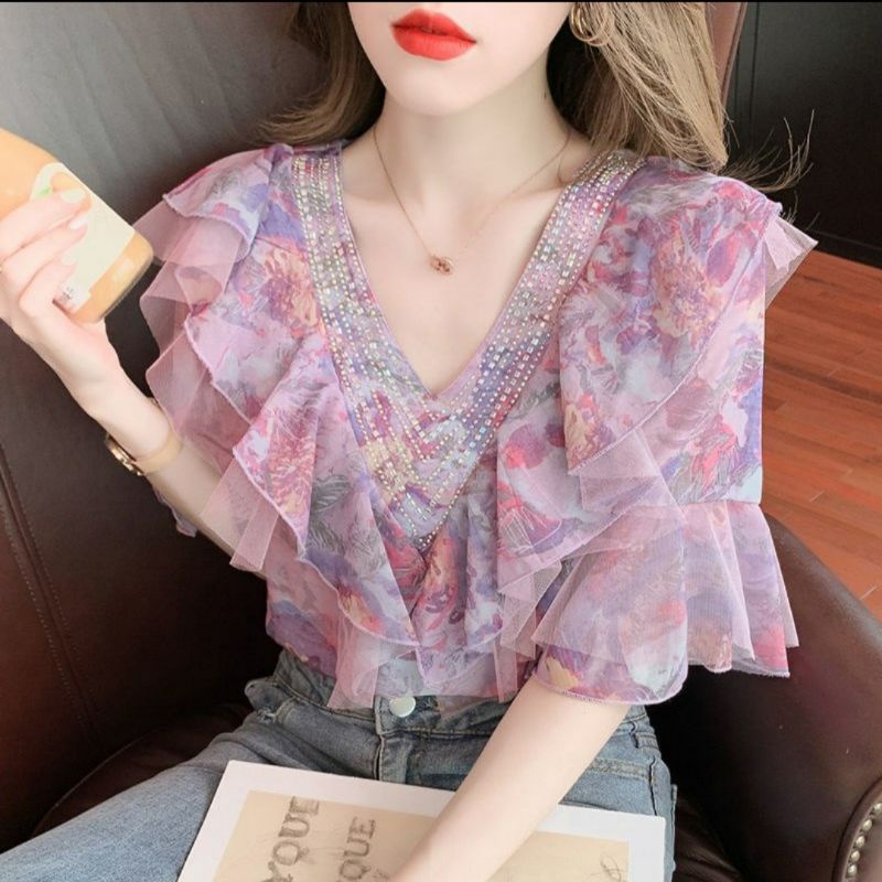 MDLV ~ 7092# Roseville Beaded Top Atasan Blouse Flower Fashion Import