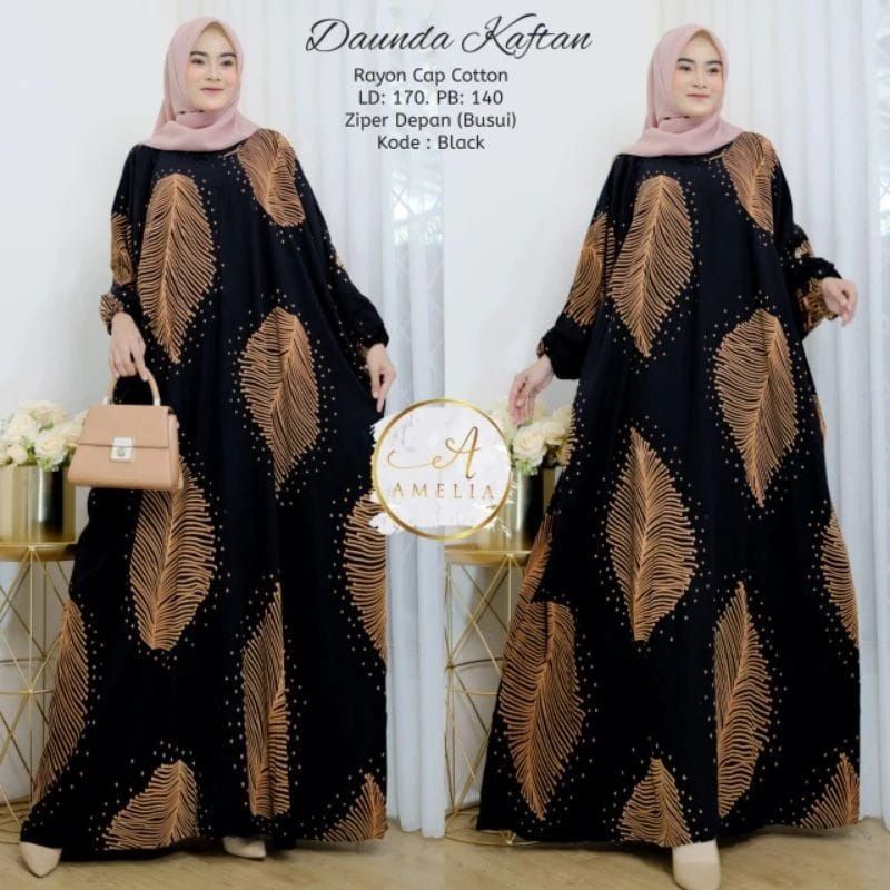 Kaftan Wanita - Daunda Kaftan Size Jumbo XXXXL Motif Daun Lengan Panjang Busui Resleting by Nadira_Fashion / Gamis Rayon Jumbo Kaftan Terbaru