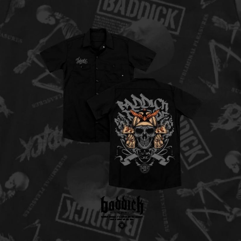 KEMEJA BADDICK WORKSHIRT PRIA COWOK MOTIF TENGKORAK HITAM OROGINAL BANDUNG FULL PRINT XL KATUN