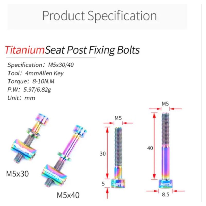 Risk Baut Titanium Seatpost M5 x 40 mm Bolt Titanium Alloy Seatpost Thomson