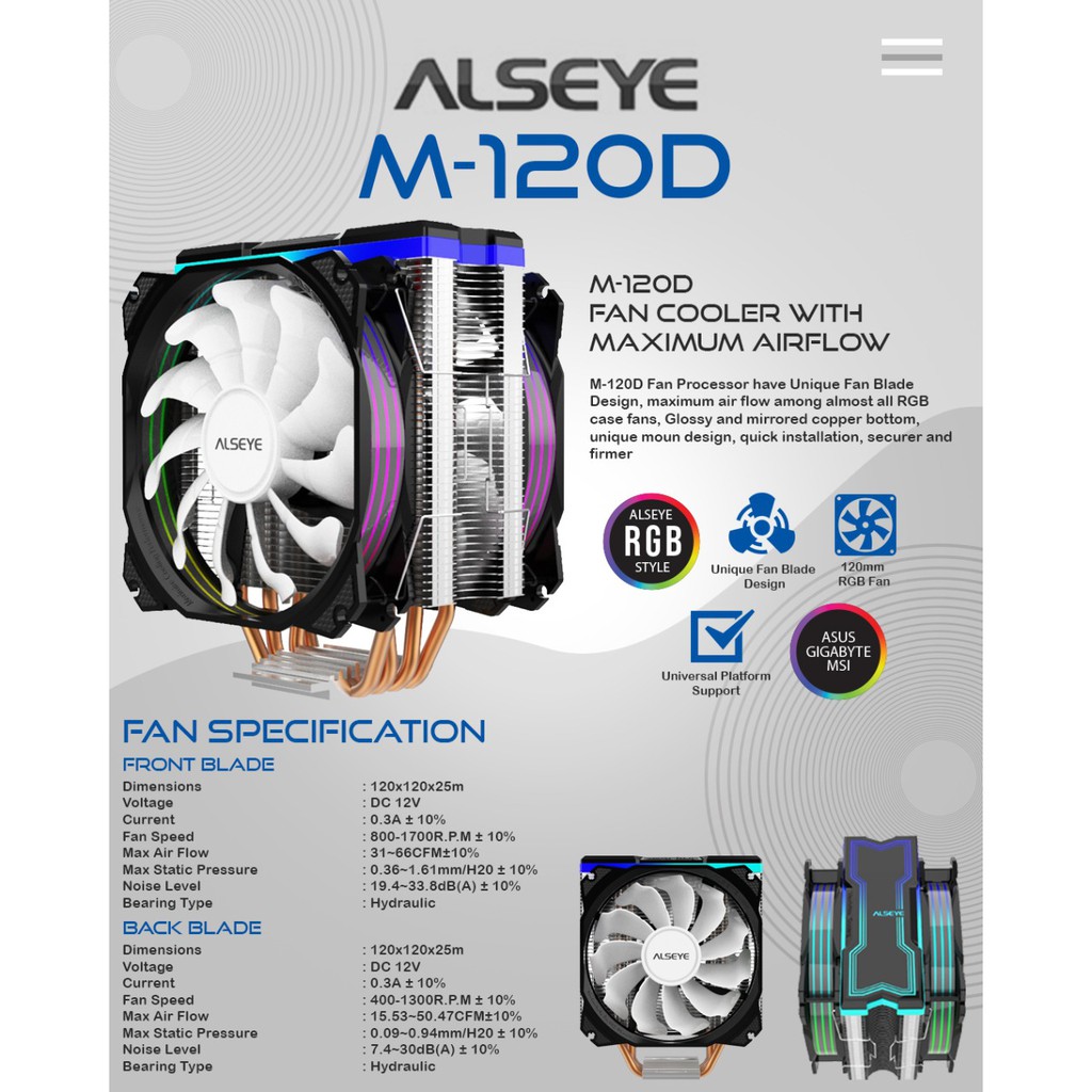 Cpu Cooler Gaming Alseye MAX Series 4 Heat Pipe RGB M120D - Fan Processor heatsink M-120D 4 pipa