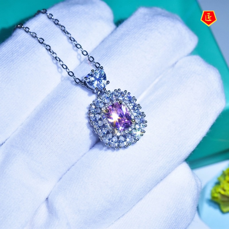 [Ready Stock]Pt950 Platinum Pink Flash Diamond Square Pendant Luxury Banquet