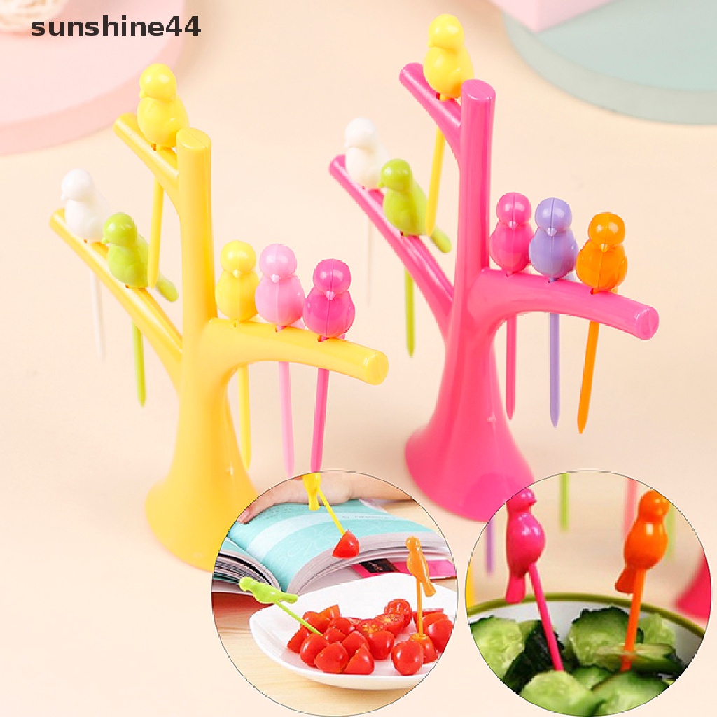 Sunshine Set Garpu Buah / Sayur / Dessert Bentuk Pohon + Burung Bahan Plastik Untuk Anak