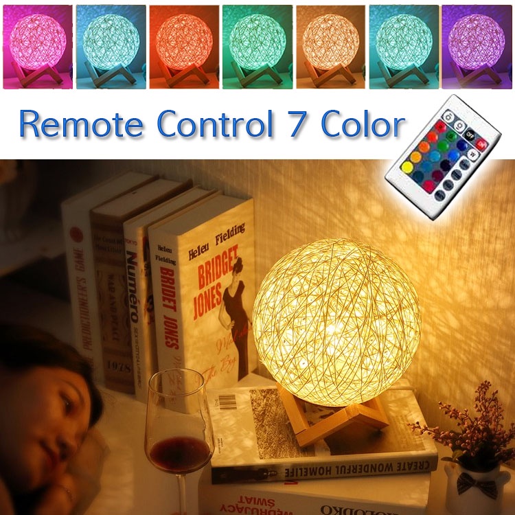 Lampu Kamar Tidur Antik Bola Rotan Vintage Warna Warni Remote control RGB Moon Light Shadow Lampu Tidur LED Dekorasi lampu meja kamar tidur Romantis creative Night desk bedside maiden dream romantic sleep moon rattan lamp home decore christmas decorations