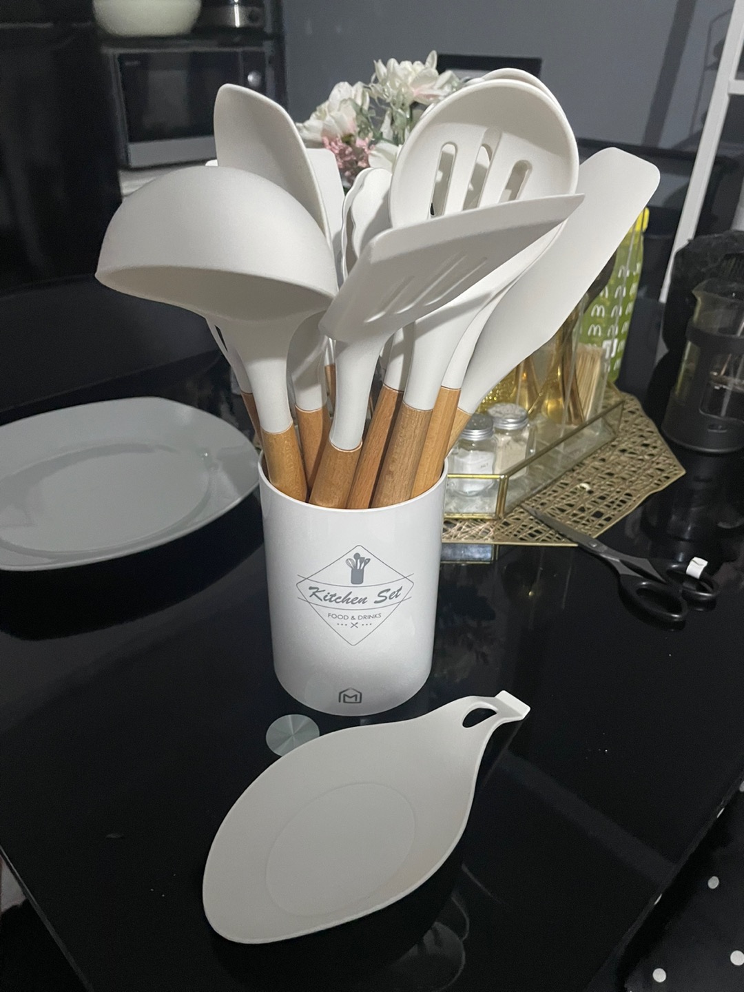 Spatula Putih Set Alat Masak Dapur Sutil Pegangan Kayu Kitchen Utensil Silikon 11 Pcs