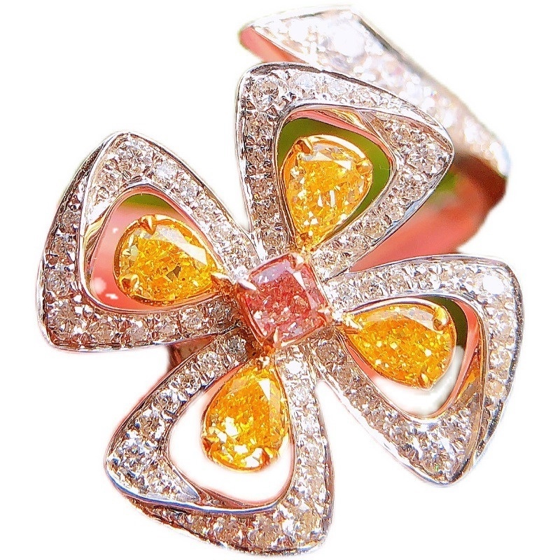 Luxury Fashion Yellow Diamond Four-Leaf Clover Pink Crystal Open Ring